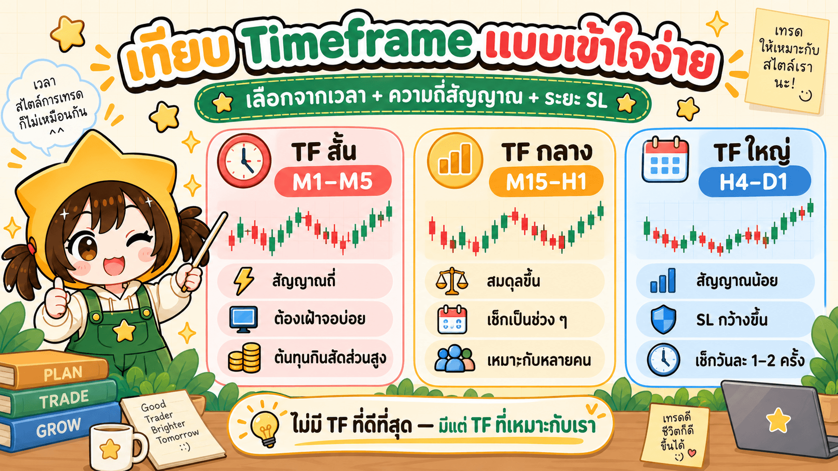 ภาพเปรียบเทียบกรอบเวลาสามกลุ่ม TF สั้นให้สัญญาณถี่ ต้องเฝ้าจอบ่อย และต้นทุนกินสัดส่วนสูง TF กลางสมดุลกว่าและเช็กเป็นช่วง ส่วน TF ใหญ่สัญญาณน้อย ระยะ SL กว้างขึ้น และเช็กวันละหนึ่งถึงสองครั้ง