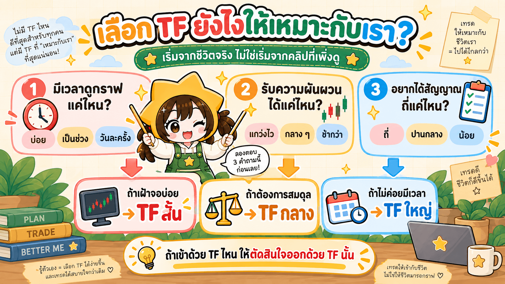 ภาพประกอบสามคำถามสำหรับเลือกกรอบเวลา ได้แก่ มีเวลาดูกราฟแค่ไหน รับความผันผวนได้แค่ไหน และอยากได้สัญญาณถี่แค่ไหน พร้อมคำแนะนำว่าเฝ้าจอบ่อยให้ใช้ TF สั้น ต้องการสมดุลให้ใช้ TF กลาง และไม่ค่อยมีเวลาให้ใช้ TF ใหญ่