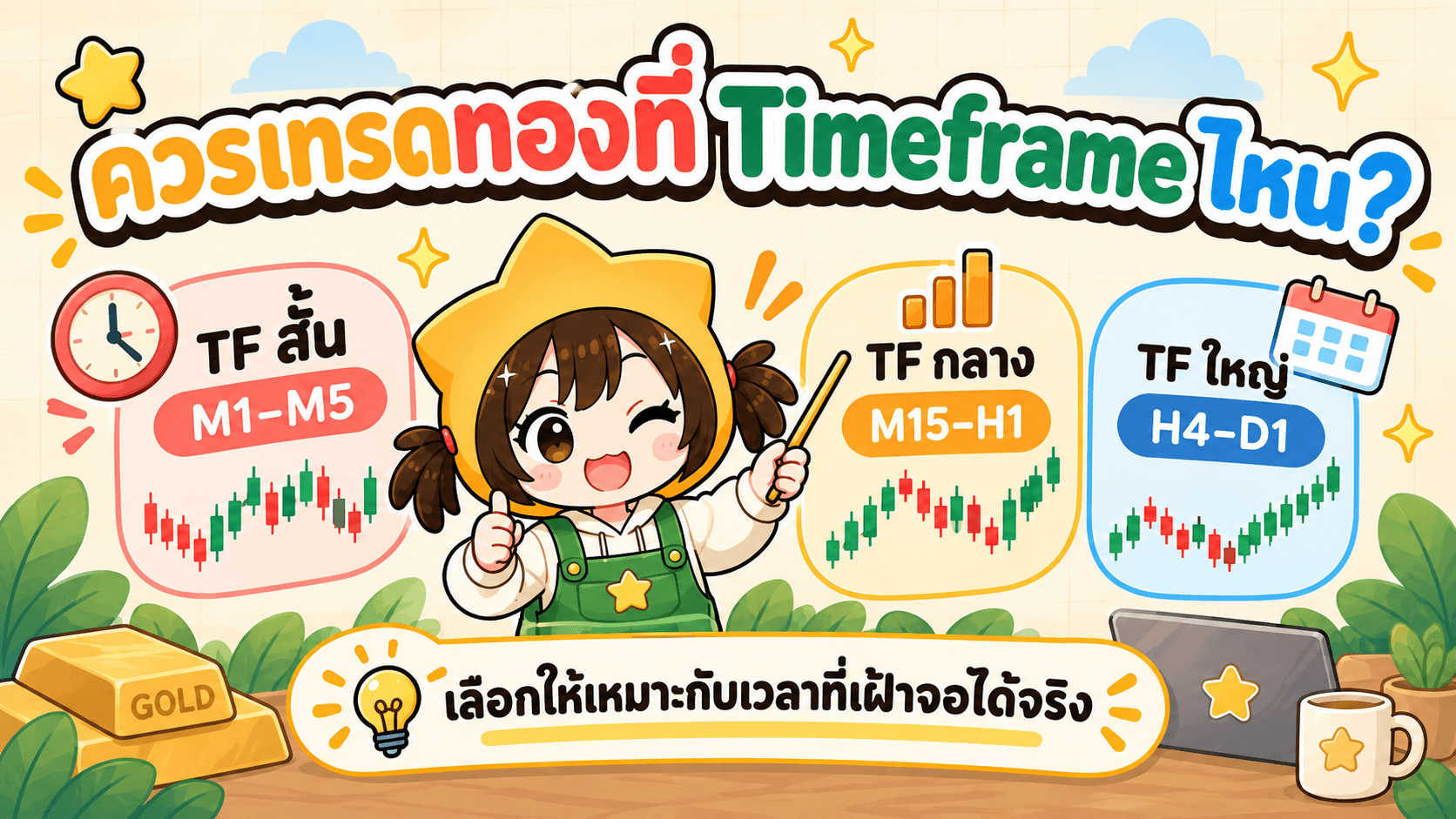 ภาพประกอบกรอบเวลาเทรดทองสามกลุ่ม TF สั้น M1 ถึง M5, TF กลาง M15 ถึง H1 และ TF ใหญ่ H4 ถึง D1 พร้อมข้อความว่าเลือกให้เหมาะกับเวลาที่เฝ้าจอได้จริง