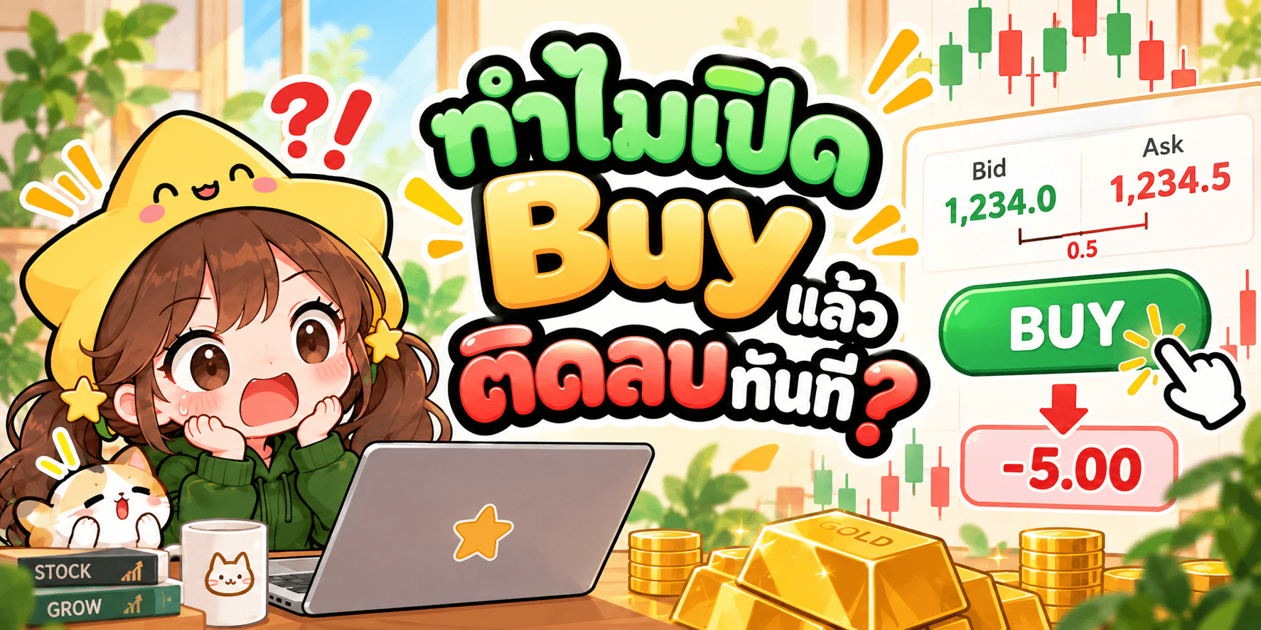 ภาพประกอบราคาซื้อกับราคาขายที่ห่างกัน ทำให้สถานะติดลบทันทีที่เปิด
